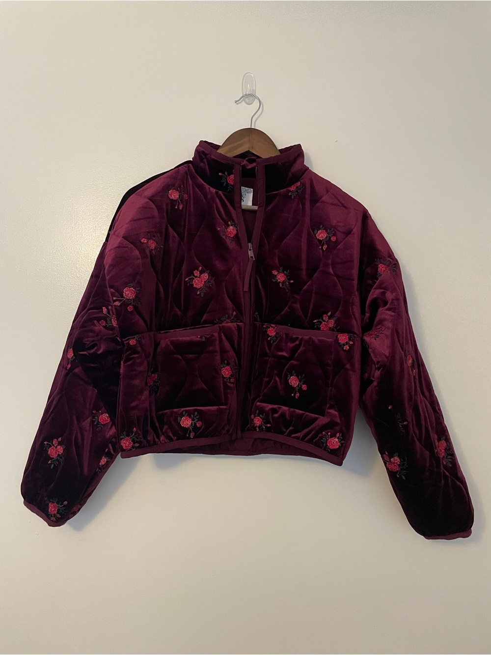 Altar’d State Velvet Quilted Floral Burgundy Rose  Crop Zip Front Jacket